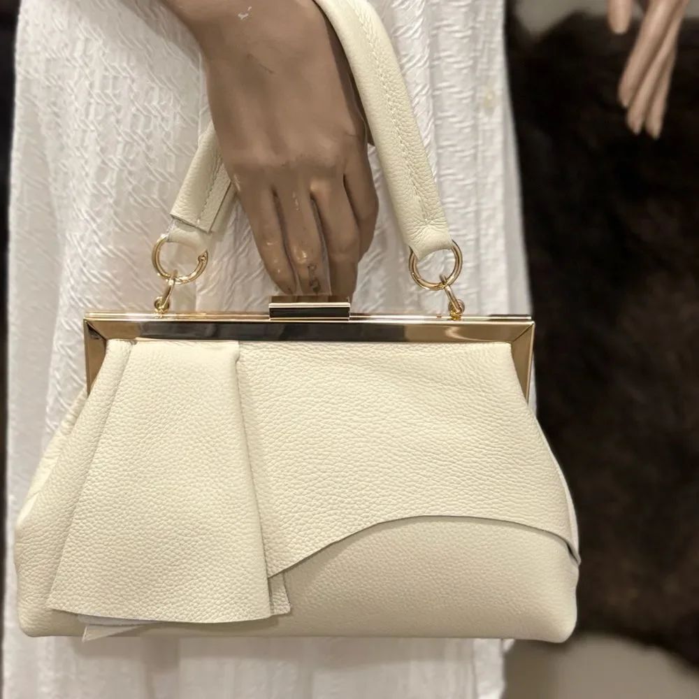 Ivory Pebble Leather Handmade Asymmetrical Ruffles Metal Frame Clutch/Crossbaody - Picture 2 of 16